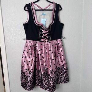 NWT Lifos German Dirndl Pink Black Lace Up Oktoberfest‎ Trachten Size 48 NEW